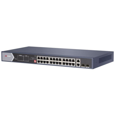 DS-3E0528HP-E - Full Gb switch 24x PoE (4x HI-PoE), 2x uplink RJ-45 + 2x uplink SFP, 370W, dosah až 300m