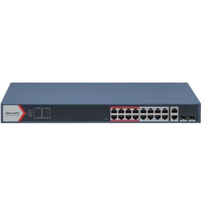 DS-3E1318P-EI(B) - Smart managed switch 16x100TX PoE + 2x Gb Uplink Combo port, 230W, Super PoE- dosah až 300m