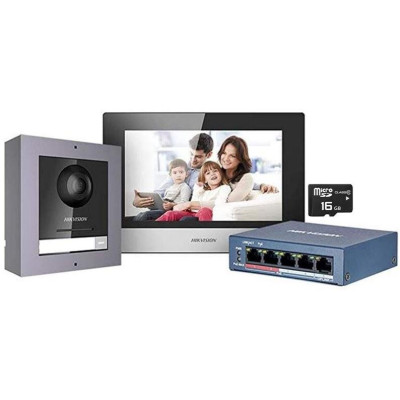 DS-KIS602(B) - Kit IP videotelefonu, bytový monitor + dveřní stanice + switch + microSD