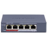 Hikvision DS-3E0105P-E/M(C) -&nbsp;Switch 4x 100TX PoE + 1x 100TX uplink, 45W, Super PoE		Network Ports: 5			PoE porty: 4x 100Mbps RJ45 ports - Long Range až 300m			Uplink Port: 1x 100Mbps Ethernet Port RJ45			Network Protocol: IEEE802.3, 802.3u, 802.3x, 802.3af, 802.3at			Switching Capacity: 1Gbps			Max. Forwarding Rate: 0.74Mpps			High Priority Ports: Port 1			Forwarding Mode: Store-and-forward			MAC Address Table: 1k			Flow Control: IEEE802.3x full duplex			PoE Standard: IEEE802.3af, IEEE802.3at			PoE Power: max. 45W	Ostatní parametry		Napájení: 54&nbsp;VDC, 0,92A; napájecí zdroj v balení			Spotřeba energie: max 50W			Přepěťová ochrana: 6KV			Pracovní teplota: -10°C -&nbsp;55°C			Pracovní vlhkost: 5% - 95% , non-condensing			Hmotnost: 0.2kg			Rozměry: 121&nbsp;x 28&nbsp;x 83mm