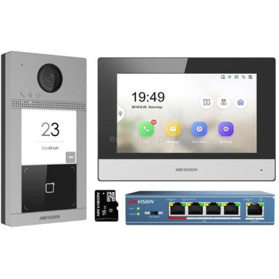 DS-KIS604-S(C) - Kit IP videotelefonu, bytový monitor + dveřní stanice + switch + microSD
