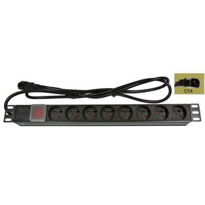 NAPPAN-C14 - Napájecí panel 8x230V-IEC320 C14, ČSN,vypínač s kontrolkou, rack 19'' 1U, kabel 1,8m
