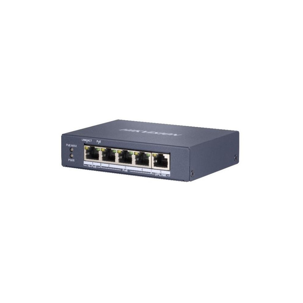 DS-3E0505HP-E - full Gb switch 4x PoE (1x HI-PoE), 1x uplink RJ-45, 60W, dosah až 300m