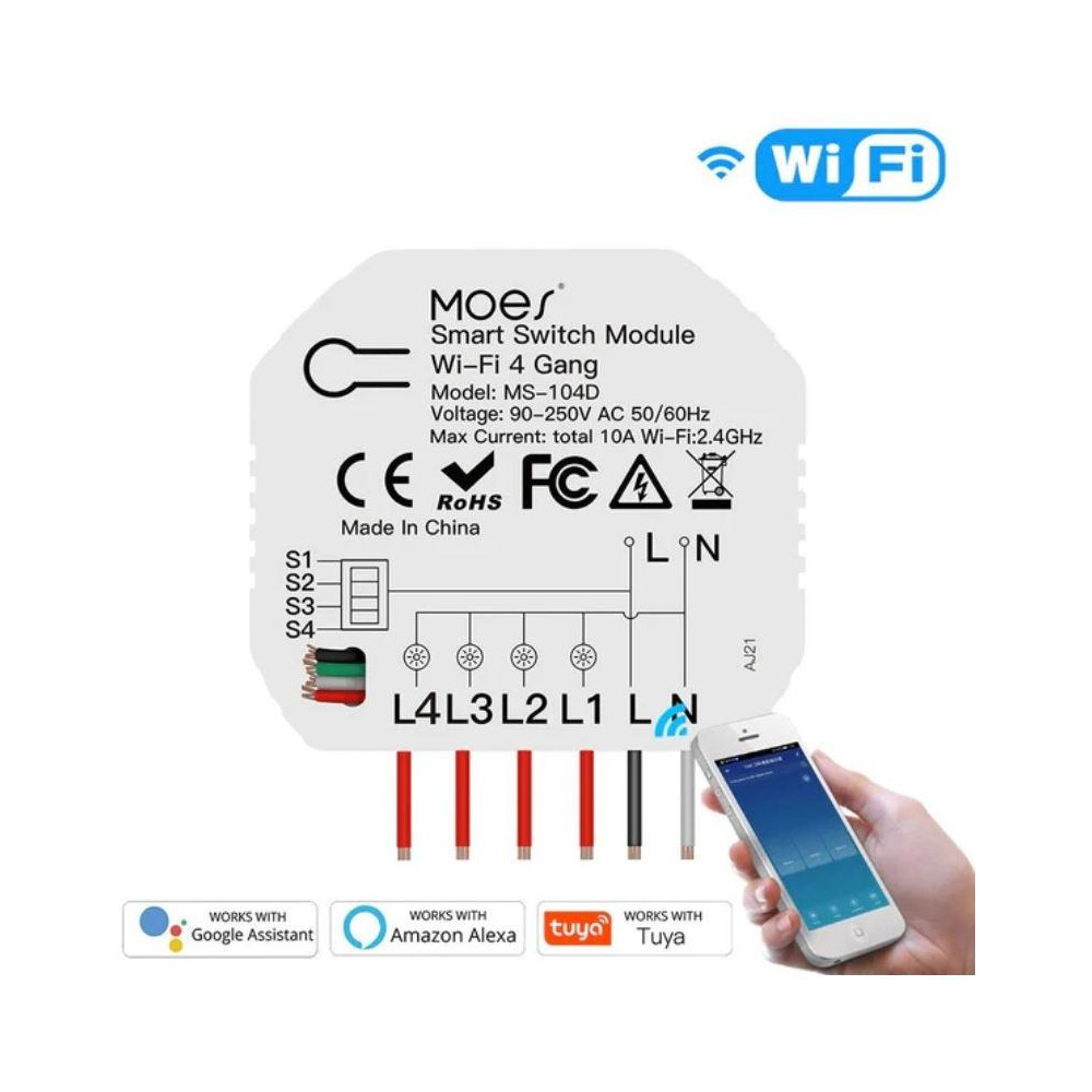 WM-104D-MS - 4 kanálový mini WiFi spínač elektrických spotřebičů, AC 90-250V, Total 10A WM-104D-MS - 4 kanálový mini WiFi spínač elektrických spotřebičů, AC 90-250V, Total 10A