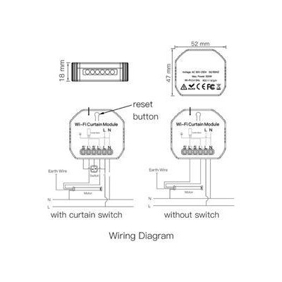 WM-108-MS - Mini WiFi spínač posuvu závěsů nebo rolet, 90-250V AC 50/60HZ